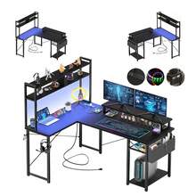 Mesa de juego pequeña en forma de L con toma de corriente, mesa en forma de L con soporte para monitor y estante de almacenamiento, mesa de juego, escritorio de oficina - Tipo de Enchufe A USA (110-127V) - Ver 11