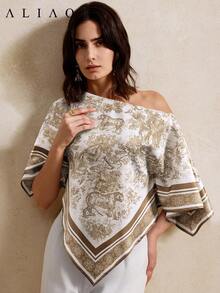 Aliao High-End Sunset Print Off-The-Shoulder Batwing Sleeve Top, Eye-Catching Outfits, New Year, Valentine's Day Outfit, Elegant Ladies, Beach Outfit, Thanksgiving Outfit, Graduation, Back To School, Holiday Outfits - Multicolor - View 4