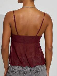 Women Lace Trim Cami Tops Sleeveless V Neck Floral Embroidery Mesh Tank Crop Tops  Mesh See Through Spaghetti Strap Slim Fit Camisole Summer Spring Going Out Tops Beachwear Casual Party Club Streetwear - 酒紅色 - 查看 2