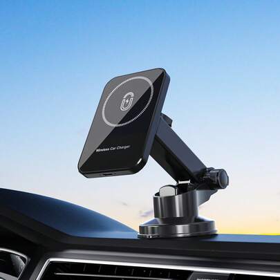 מטען אלחוטי מגנטי לרכב טעינה מהירה לטלפונים סלולריים מטען לרכב 15W תואם למכשירי אפל 11-17/פרו/מקס ו-IOS/אנדרואיד כולל מחזיק טלפון ותחנת טעינה אלחוטית מתנה מושלמת ליום האב מתנת יום האהבה