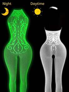1 Piece Of Glow-In-The-Dark Fishnet Bodysuit, Open-Crotch Sheer Mesh Bodysuit With Light-Up Mesh, Women's Sexy Lingerie, Women's Erotic Bodysuit, Women's Glow-In-The-Dark Party Lingerie, Role-Play Costumes, Exotic-Style Apparel, Erotic Bodysuits, Bodysuits, Women's Sexy Bodysuits, Valentine's Day Lingerie - trắng - Xem 3