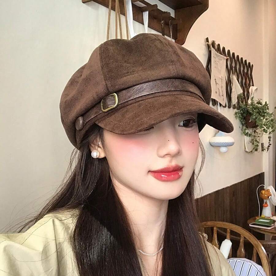 Women's Melard Vintage Suede Beret - Octagonal Trim Small Brim Hat, Melard Color (Rich Version), Autumn Winter Warm, French Style, Suitable For Casual And Formal Wear - màu nâu cà phê - Xem 1