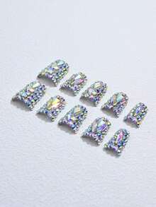 10Pcs Y2K Short Duck Press On Nails With Full Crystal Elements, Handcrafted Spring Summer Nails, Shiny Crystals, Transparent Accents, Perfect For Parties, Casual Wear, Tool Kit Included Summer Easter - trắng - Xem 9