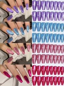 96片装（4色猫眼）Y2K长棺材形亮面美学血红色水晶猫眼法式美甲贴纸，完美贴合长指甲，亚克力假指甲套装，包含：1瓶甲油胶和1把指甲锉，蓝色、紫色、红色猫眼美甲，适合女性和女孩日常佩戴，也适合锐舞派对。美甲用品 - 彩色 - 查看 2