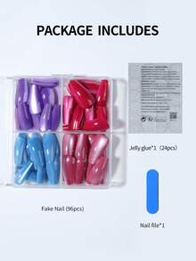 96片装（4色猫眼）Y2K长棺材形亮面美学血红色水晶猫眼法式美甲贴纸，完美贴合长指甲，亚克力假指甲套装，包含：1瓶甲油胶和1把指甲锉，蓝色、紫色、红色猫眼美甲，适合女性和女孩日常佩戴，也适合锐舞派对。美甲用品 - 彩色 - 查看 5