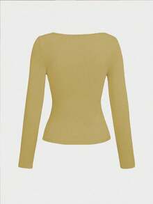 Basic Minimalist Crew Neck Double Layer Seamless Fitted Long Sleeve Top Casual Spring - Mustard Yellow - View 5