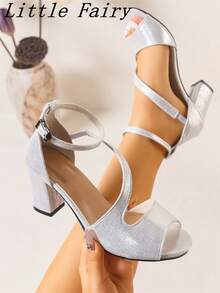 2026新款皱纹绑带防滑模压鞋底粗跟踝带舒适显瘦时尚女式高跟凉鞋 - 銀色 - 查看 7