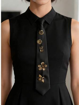 ZA 女士 3D 金属花卉蝴蝶蜜蜂装饰领带 | 黑色/酒红色/棕色 情人节礼物 派对装扮吸睛配饰