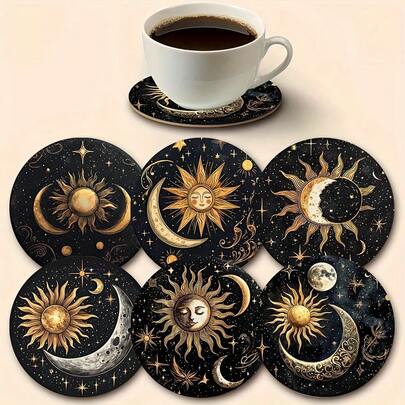 6pcs Arabic Coffee Cup Coaster Set - Arabic Calligraphy Teapot Themed Design, Wooden Drink Coasters Suitable For Coffee & Tea Cups, Arabic Style Holiday Decor, Home & Restaurant Table Decoration, Ideal Holiday Gift