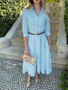 女士优雅衬衫领长袖连衣裙，适合春夏、母亲节、斋月、开斋节、日常穿着、海滩度假等场合。 - 藍色 - 查看 2