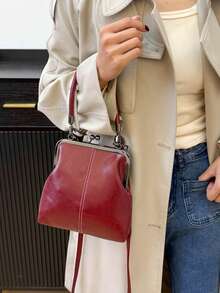 复古仿皮斜挎包，女士复古风吻锁迷你手提包，配有可调节肩带，纯色轻便都市手提包，涤纶内衬，情侣礼物，新年礼物 - 酒紅色 - 查看 2