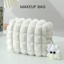 Bolsa de maquillaje de felpa de gran capacidad recomendada con colgante de pom pom - Bolsa de maquillaje rosa de tacto suave adecuada para viajes y uso en casa, diseño lindo y práctico para mujeres, bolsa de viaje de maquillaje de temporada superior - Rosa - Ver 9