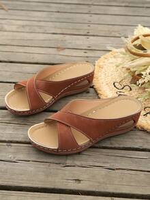 Plus Size Women's Cross-Border 2025 Summer New Hollow Out Solid Floral Open Toe Wedge Comfortable Versatile Lightweight Slide Sandals