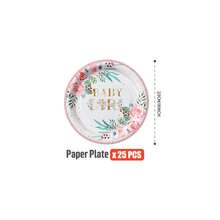 白色底绿色叶子花朵图案女宝宝一次性餐盘、餐巾纸、杯子套装，适合25位客人使用，一次性纸盘派对餐具，适用于生日、婚礼、主题派对、家庭野餐等场合。 - 彩色 - 查看 6