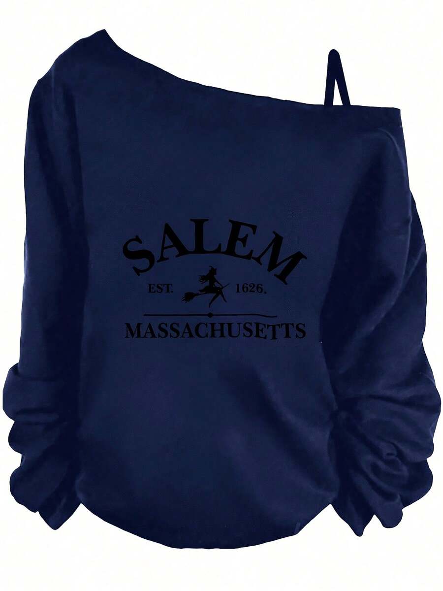 Halloween Outfits For Women, Salem Witch Graphic Off The Shoulder Long Sleeve Sweatshirt, Casual Relaxed Fit, Gothic Style, Fall Vibes-Y2K Cute Tops, Casual Streetwear, Graphic Tees Women, Daily Outfits - 藏蓝色 - 查看 1