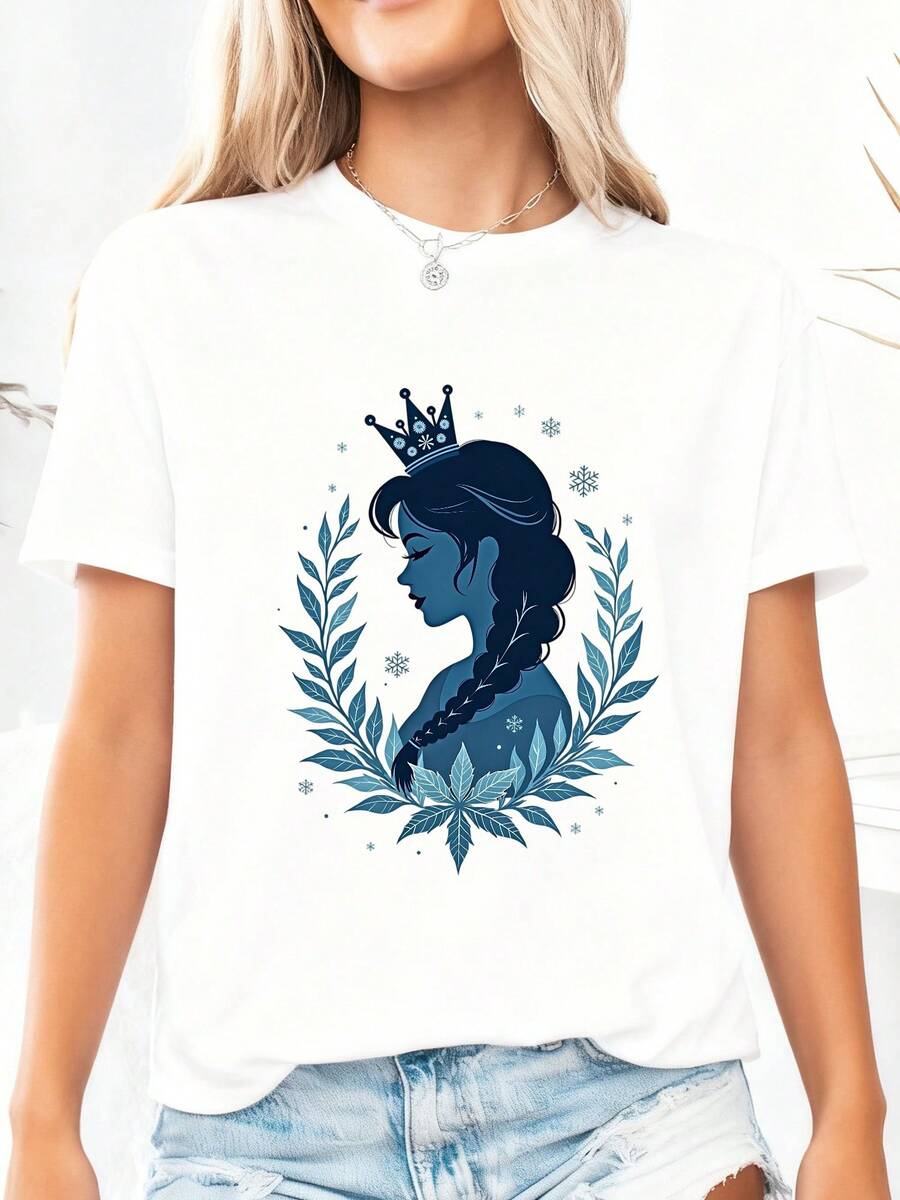 Camiseta de manga corta de algodón puro inspirada en Frozen, diseño de copos de nieve de invierno para mujeres (2) - Blanco 1 - Ver 1