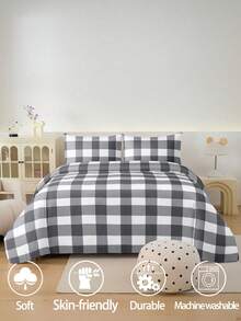 Bộ chăn ga gối 2/3 món kẻ caro đen trắng, mềm mại và thoáng khí, chống nhăn, cải thiện chất lượng giấc ngủ, phong cách khách sạn sang trọng, quà tặng cho bố mẹ và bạn bè, 1 vỏ chăn chần bông hai mặt, 1/2 vỏ gối, có các kích cỡ: Super King, King, Queen, Twin - Đen và trắng - Xem 5