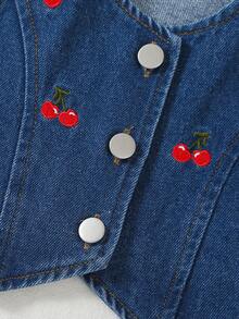 2pcs/Set Cute & Sweet Cherry Embroidery Denim Baby Girl Fashion Outfit - Dark Wash - View 7