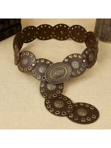 Cinto Masculino De Pu Estilo Boêmio, Cor Café Com Estampa De Bolinhas E Fivela De Metal Com Padrão Floral. Elegante E Perfeito Para Uso Diário. - Castanho - Ver 2