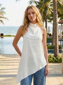 Women's Asymmetrical Halter Top Dressy Sleeveless Flowy Tank Tops Sleeveless Asymmetrical Halter Top High Neck Loose Fit Flowy Tank Top Backless Casual Dressy Blouse Shirts - 白色 - 查看 6