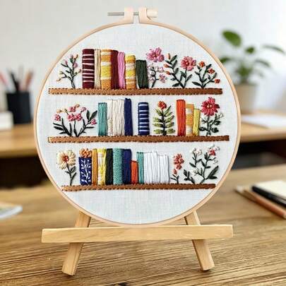 1 Set Embroidery Kit, 20x20cm/7.9x7.9in Bookshelf Flower Pattern, Handmade DIY Embroidery Set, Suitable For Adults And Beginners, Includes Instructions, Printed Fabric, Embroidery Hoop, Needles And Threads.