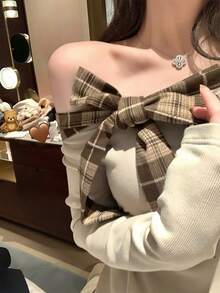 Women's Plaid Patchwork Fleece Tie-Front Bow Off-Shoulder Long Sleeve Knit Top, Spring/Summer - Khaki - View 1