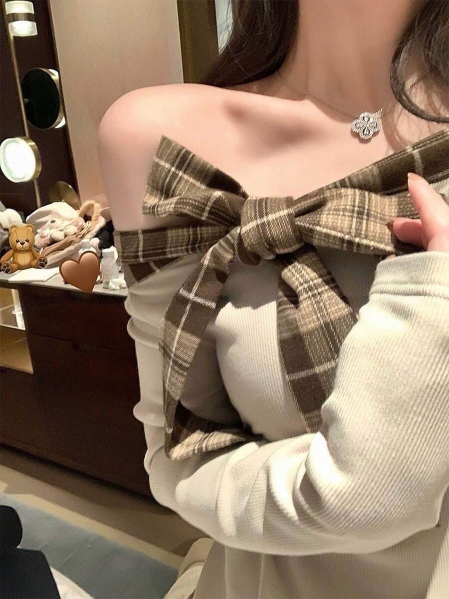 Women's Plaid Patchwork Fleece Tie-Front Bow Off-Shoulder Long Sleeve Knit Top, Spring/Summer - Khaki - View 1