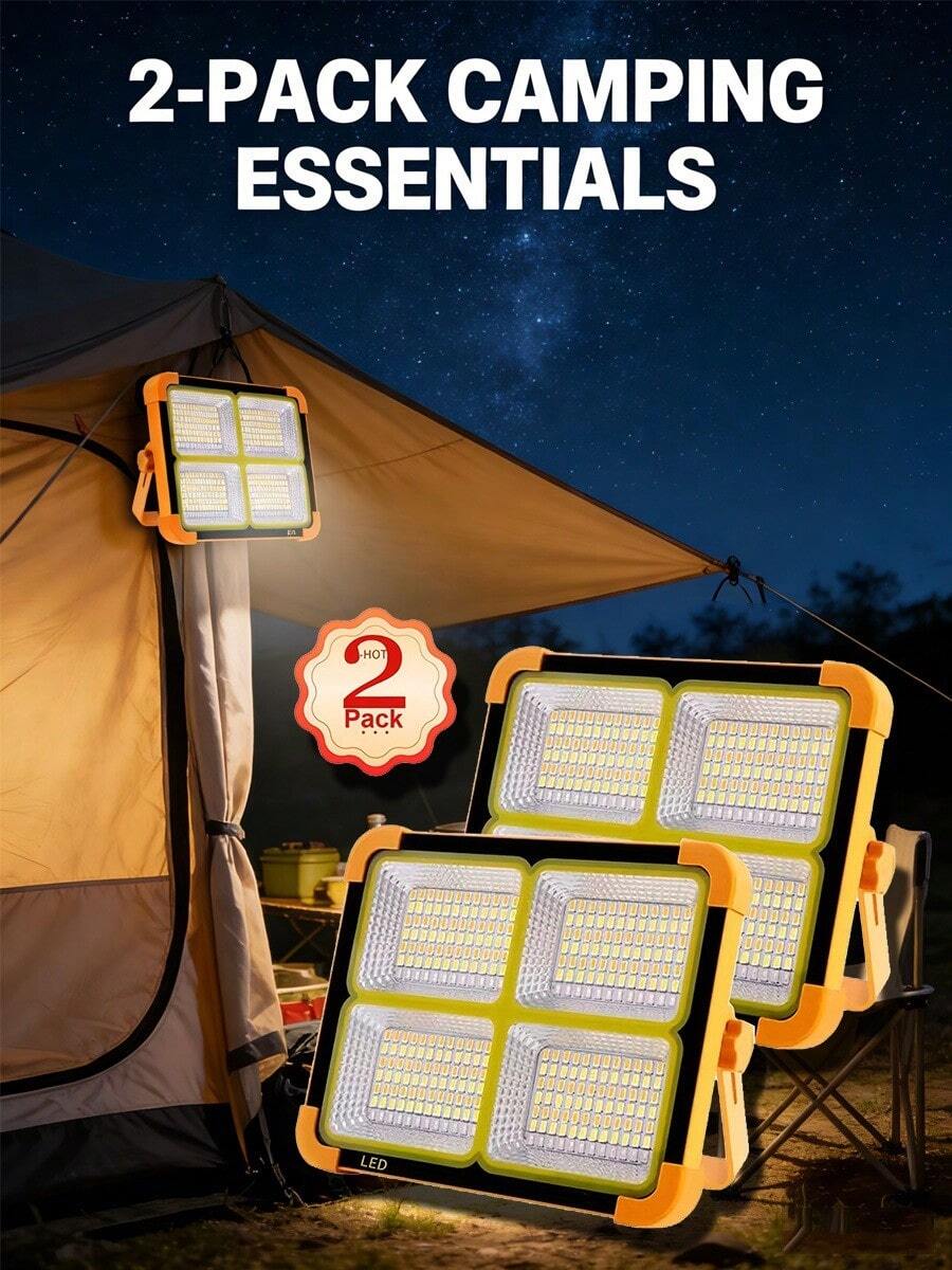 2PCS Rechargeable LED Work Light, 5 Modes, Solar Rechargeable Portable Floodlight, Suitable For Camping, Hiking, Fishing, Auto Repair - 2 Packs - View 1
