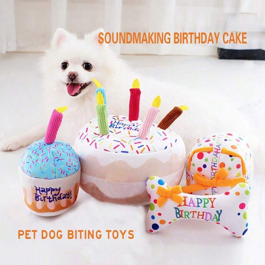 1个带音效的宠物毛绒蛋糕玩偶,经久耐用,方便用于狗狗/猫咪生日庆祝 - 彩色 - 查看 1