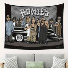 SnoopGangTapestry Homies Wall Hanging Tapestry - Urban Street Art Design With Vintage Car & Brick Wall Graffiti High-Quality Peach Light Beige Fabric Horizontal Wall Decor For Bedroom Office Party - Perfect Gift For Hip-Hop Fans Office Artwork Cartoon Style Graphic Sleek Texture - Multicolor - View 5