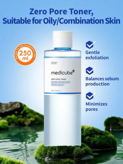  1瓶250毫升 Medicube零毛孔爽肤水，轻盈水润质地，蓝色瓶身，蕴含三重果酸复合物+烟酰胺+低分子量透明质酸，保湿舒缓，细致肌肤纹理，适合油性、混合性、敏感性肌肤，每日使用，有效护理毛孔。