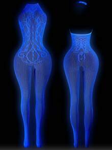 1 Piece Of Glow-In-The-Dark Fishnet Bodysuit, Open-Crotch Sheer Mesh Bodysuit With Light-Up Mesh, Women's Sexy Lingerie, Women's Erotic Bodysuit, Women's Glow-In-The-Dark Party Lingerie, Role-Play Costumes, Exotic-Style Apparel, Erotic Bodysuits, Bodysuits, Women's Sexy Bodysuits, Valentine's Day Lingerie - 白色 - 查看 3