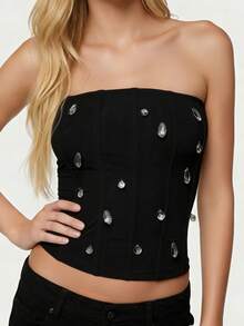 Women Tube Tops Sleeveless Strapless Rhinestone Decor Slim Fit Summer Crop Vest - Black - View 6