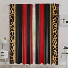 A Set Of 2-Piece Curtains, Featuring Brown Leopard Print And Snow Leopard Design, Paired With Red And Black Plaid Stripes, Available In Various Sizes. - Nhiều màu - Xem 4