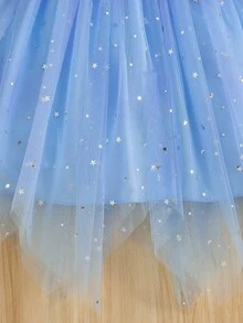 Girls' Round Neck Cap Sleeve Mesh Asymmetric Hem Dress With Belt, Suitable For Outings, Family Gatherings, Parties, And Daily Wear, Spring/Summer - Blue - View 7