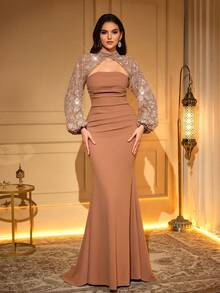 女士无肩带优雅长款晚礼服，搭配同款长袖披肩，饰以刺绣蕾丝、亮片和珠饰，两件套，适合正式场合，面料柔软，情人节礼物 - 鏽棕色 - 查看 3