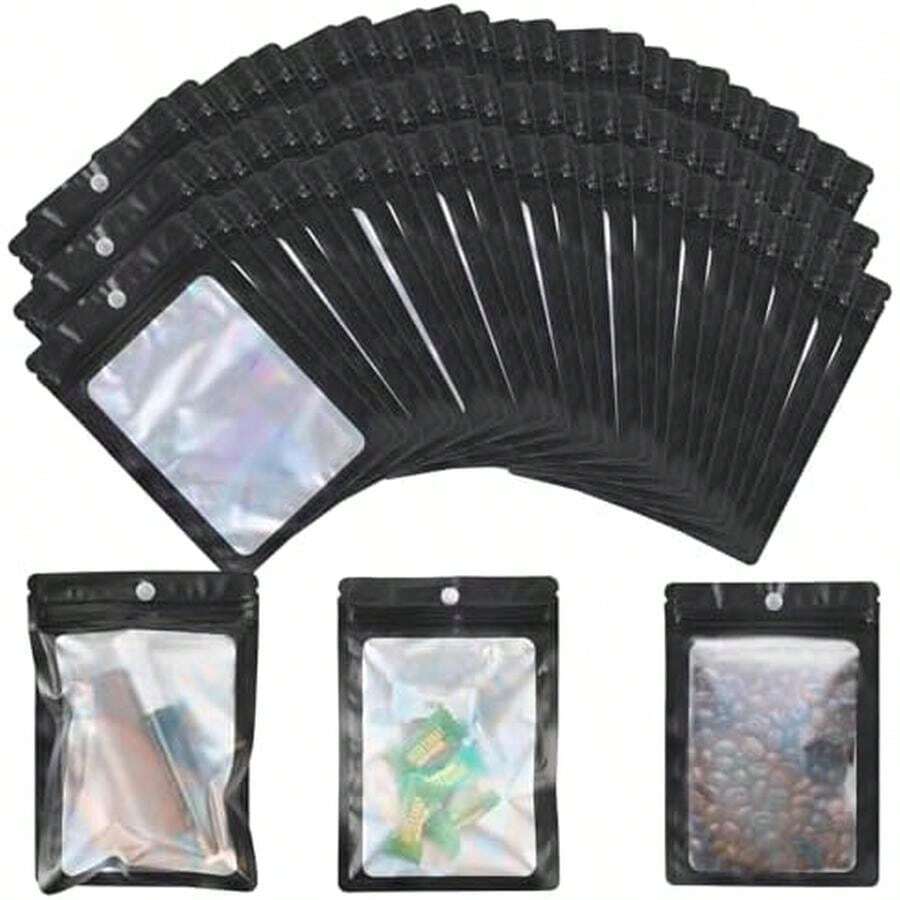 300PCS Bolsas Holográficas Hermetica Multiusos, Bolsa Ziplock Transparentes Reutilizable, Bolsas De Almacenamiento Para Alimentos, Joyas, Cosméticos, Accesorios y Más (10.5 x 15CM Black) - 10,5 x 15 Negro - Ver 1