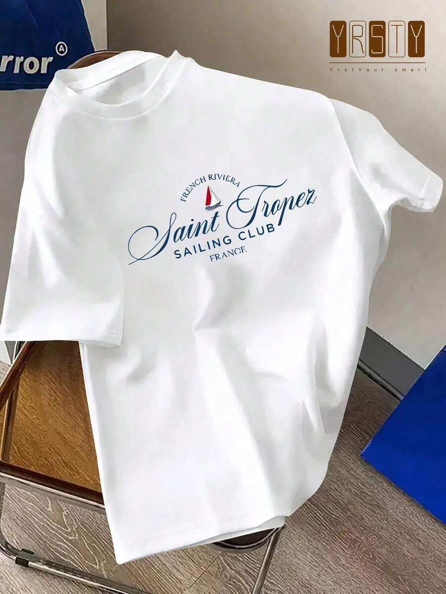 Men's T-Shirt With French Sailing Yacht | Short Sleeve Crew Neck Soft With Saint Tropez Lettering And Yacht Print, Ideal For Beach, Sailing And Casual Wear, Machine Washable, Regular Fit, Fashionable And Breathable - 白色 - 查看 1