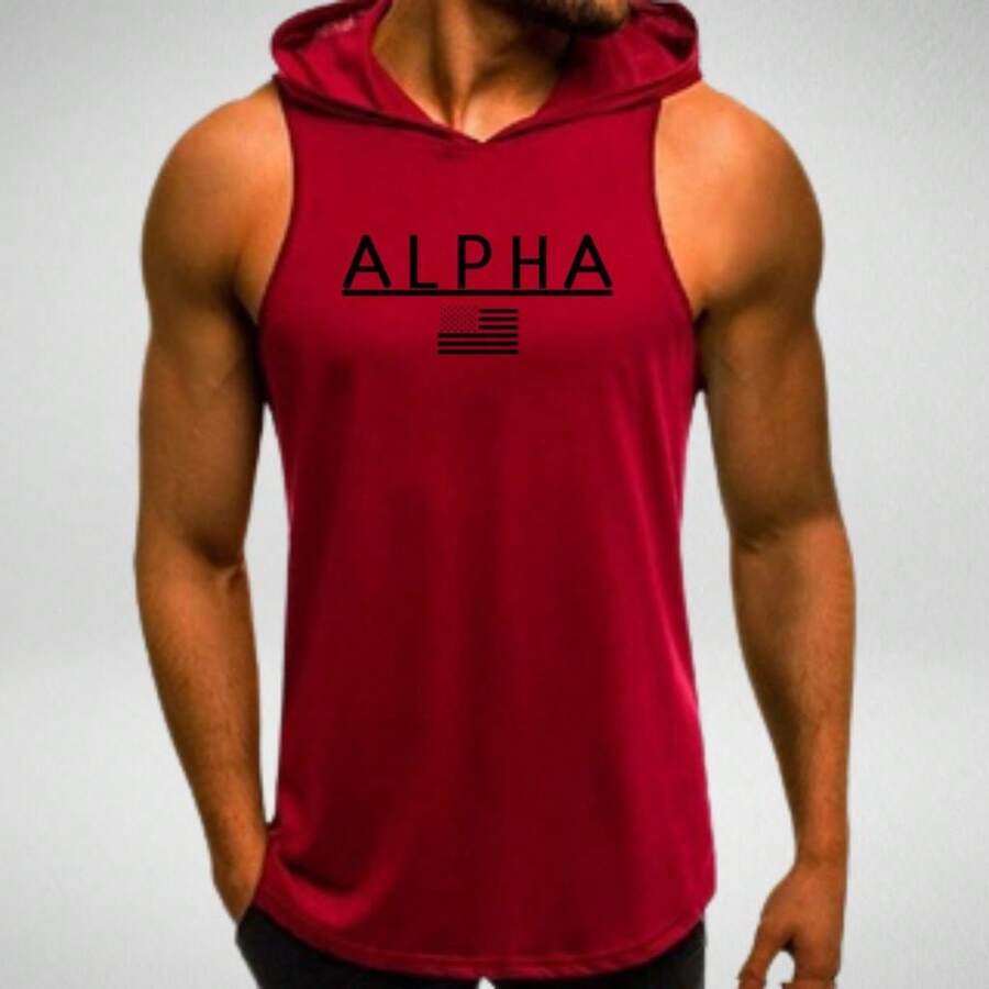 Alpha Men's Tank Top With Hood For Gym, Workout, Weightlifting - Red - View 1