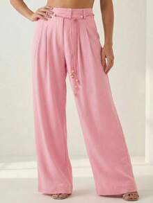 A&DD MODA, REF: AS1946 - Women's High-Waisted, Straight-Cut, Wide-Leg Trousers With A Belt That Perfectly Conceals Leg Imperfections, Featuring Pockets And Ideal For Everyday Wear. - 淺粉色 - 查看 2