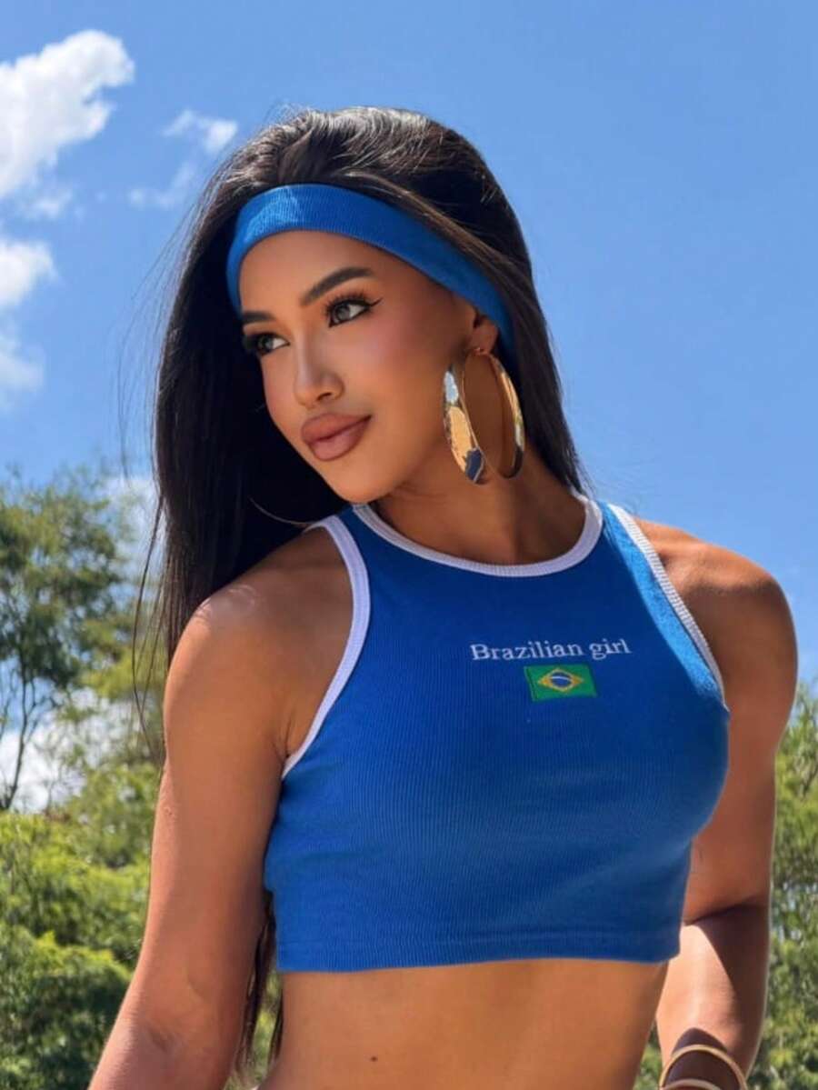 Cropped Tank Top Brazil - Special Edition - Ribbed Fabric - High Neck - Blogger Fashion - Summer 2026 - Màu xanh lam - Xem 1