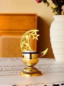 1Pc/Set Star And Moon Carved Candle Holder. The Candle Holder Is Made Of Metal And Is Decorated With A Combination Of Crescent Moons, Five-Pointed Stars, And Intertwined Floral Carvings. Its Style Blends A Star And Moon Theme With Vintage Carved Patterns. - Multicolor - View 13