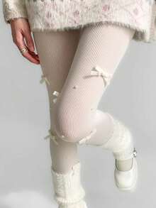 Autumn/Winter Velvet Bowknot Sheer Tights, Versatile Hosiery JK Style Cute Sweet Lolita Pearl Pantyhose Ballet Style Pure White Vertical Striped Leggings, Slimming - Multicolor - View 2