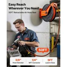 Bobina de manguera de aire retráctil, 3/8 pulgadas x 50 FT manguera de aire de goma Max 300PSI, Bobina de mangueras de compresor de aire de rebobinado automático con plomo de 5 pies, montaje en techo / pared doble brazo de acero pesado - 3/8 pulgadas x 50 pies - Ver 2