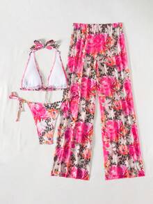 2pcs/Set Floral & Leopard Print Ruffled Bikini Top And Drawstring Beach Shorts, Pink, Summer Beach Holiday - Multicolor - View 10
