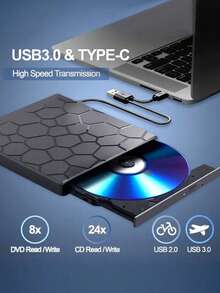 8-In-1 USB 3.0 Slim Portable External CD/DVD Drive, Notebook DVD Player, External CD/DVD Burner Compatible With Laptop, Desktop, Apple Computer, Windows 11/10/8/7, Linux, Supports CD/VCD/DVD Playback And Burning