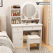 Tocador para dormitorio, estilo minimalista moderno, con espejo, 2 cajones, 3 armarios de almacenaje y estantes, adecuado para dormitorio, salón y vestidor - Blanco - Ver 2