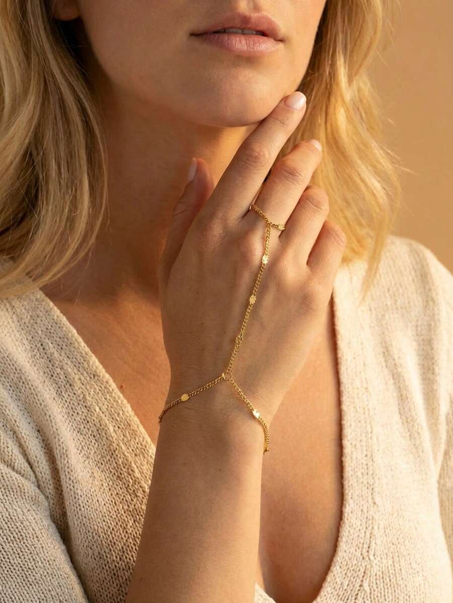 1 Peça Corrente de Dedo de Aço Inoxidável da Moda, Revestimento a Vácuo Dourado 18K, Design Minimalista Elegante de Joias Femininas, Pulseira de Dedo para Senhoras, Acessório Diário para Casa, Festa, Praia e Férias - Dourado - Visão 1