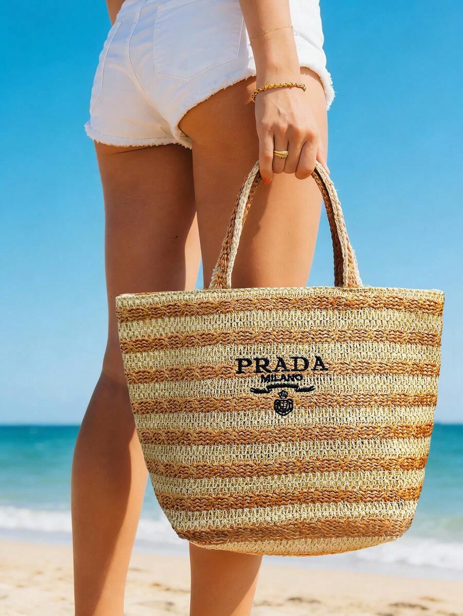 Prada Materiel Straw Tote, Striped Design, Spacious, Crossbody Bag, Beach Bag, Fashion - Brown - View 1