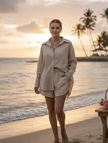 2pcs Shirt And Shorts Set - Beige - View 2
